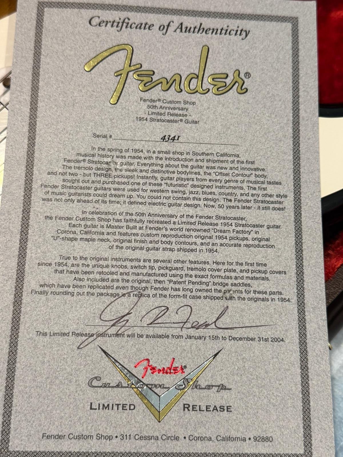 2004 Fender Custom Shop ’54 Stratocaster — Greg Fessler Masterbuilt — 50th Anniversary — COA & Two Cases